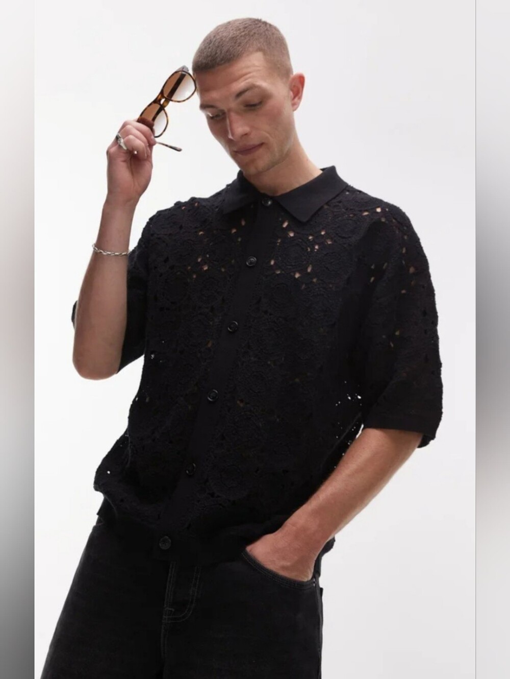 NWT Topman Black Crochet Knit Button-Up Shirt Size M